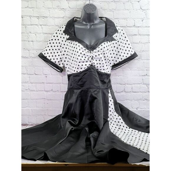 Mocha 50's retro style black white polka dot rockabilly vixen dress size 5XL - Picture 4 of 8